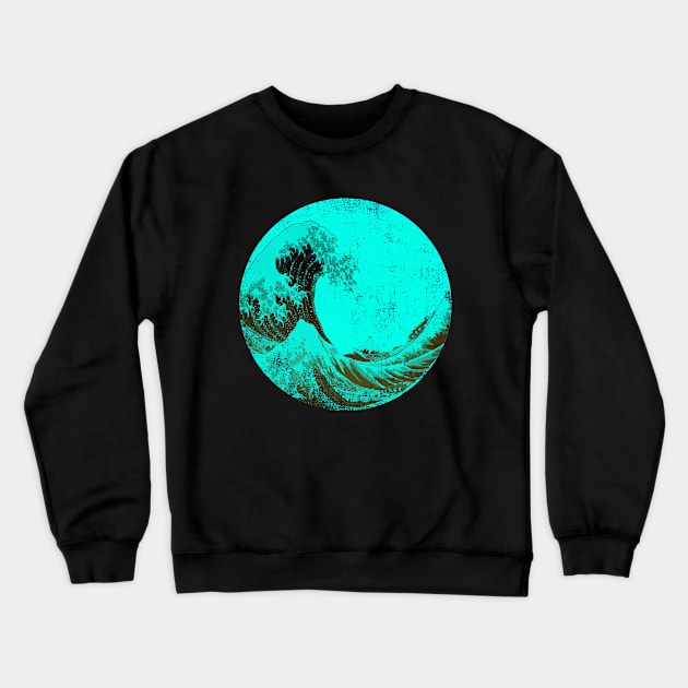 Sea Blue Color Turquoise Retro Vintage Distressed The Great Wave off Kanagawa Crewneck Sweatshirt by DazzlingApparel